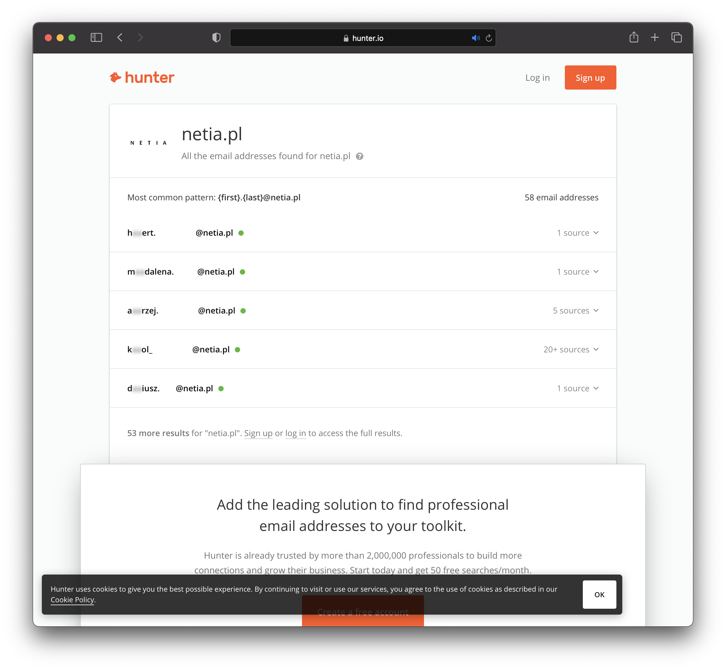 Zrzut ekranu profilu Hunter.io
