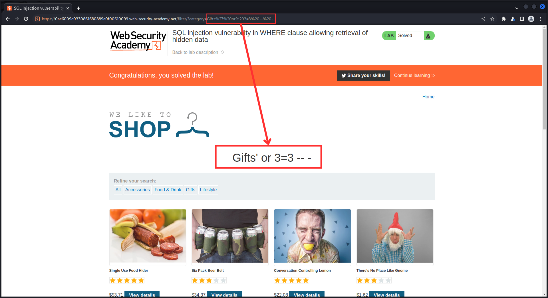 Podstawowe SQLi w parametrze w URL - udane